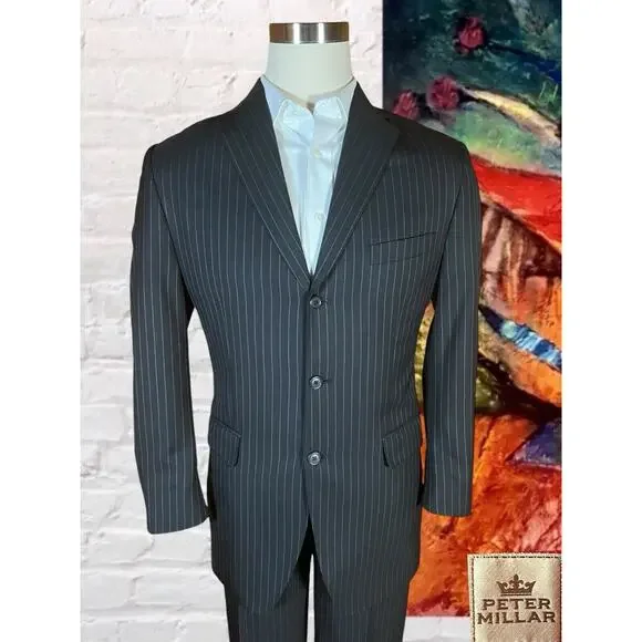 Peter Millar 40R 32W Dark Navy Blue Gray Pinstripe 2 Piece Suit Jacket Pants - Picture 5 of 16
